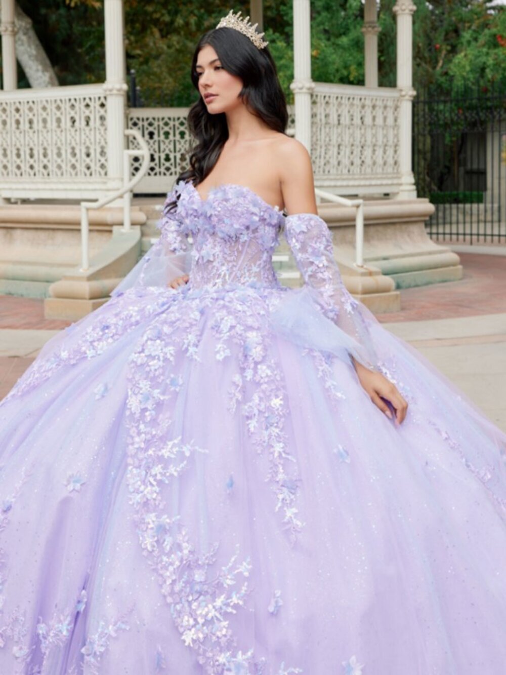 NEW QUINCEANERA DRESS WITH LONG REMOVABLE SLEEVES & FLORAL EMBROIDERY JT1459J - Picture 2 of 4